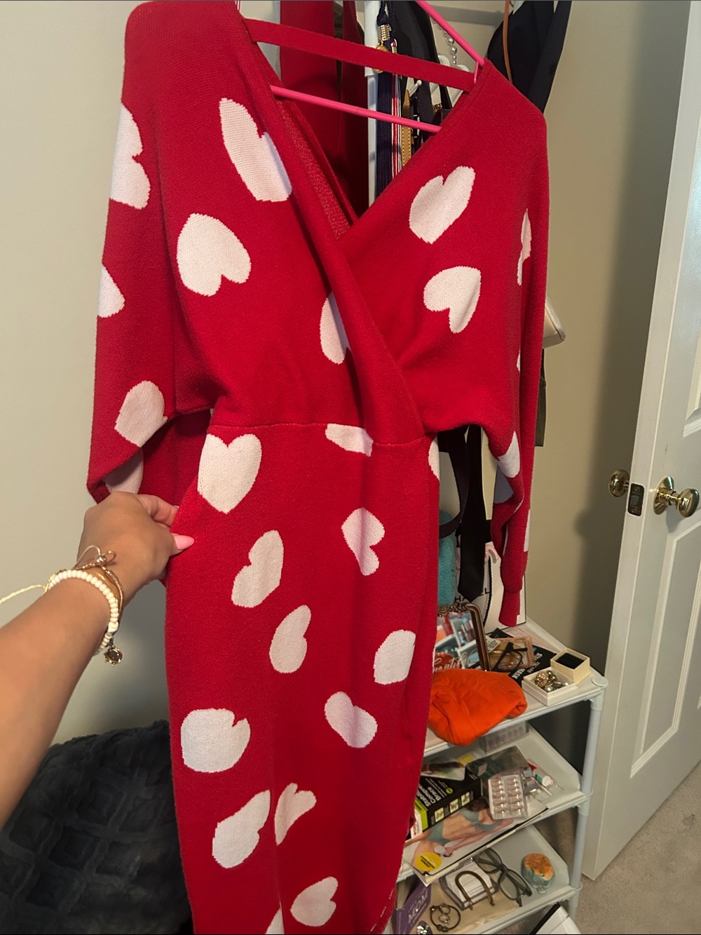 Amazon Red Midi Dress with White Heart Print